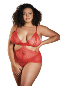 Nuisette dentelle rouge grande taille avec string ouvert ROSIE - 17-6002XR